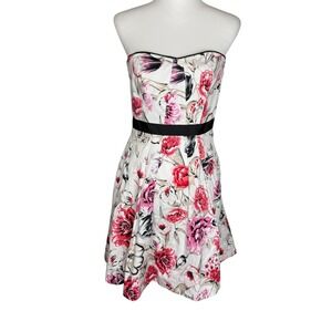 White House Black Market Strapless Floral Fit Flare Dress Pink Red White Size 0
